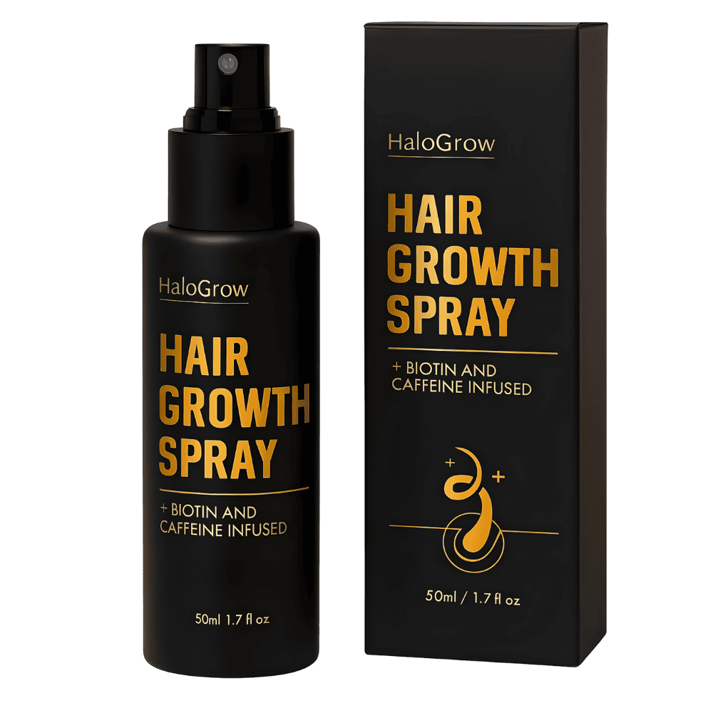 Halo Grow Hair Spray bottle with healthy hair